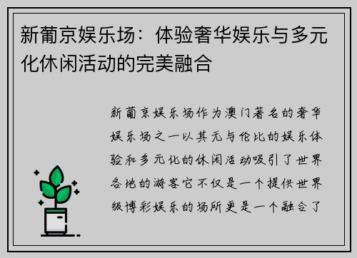 新葡京娱乐场：体验奢华娱乐与多元化休闲活动的完美融合